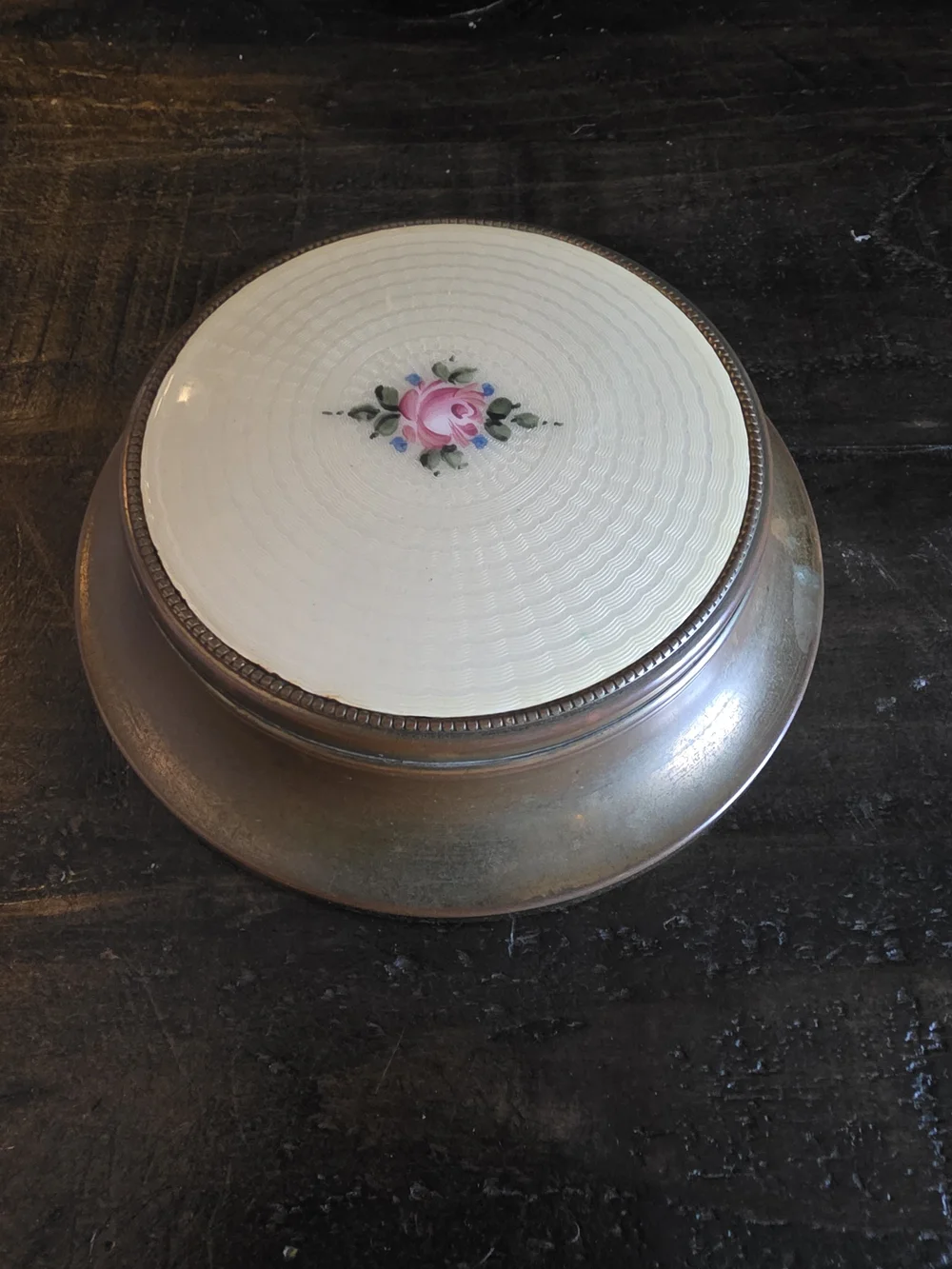 Vuntage Guilloche Enamel And Brass Hand Painted Vanity Powder Har